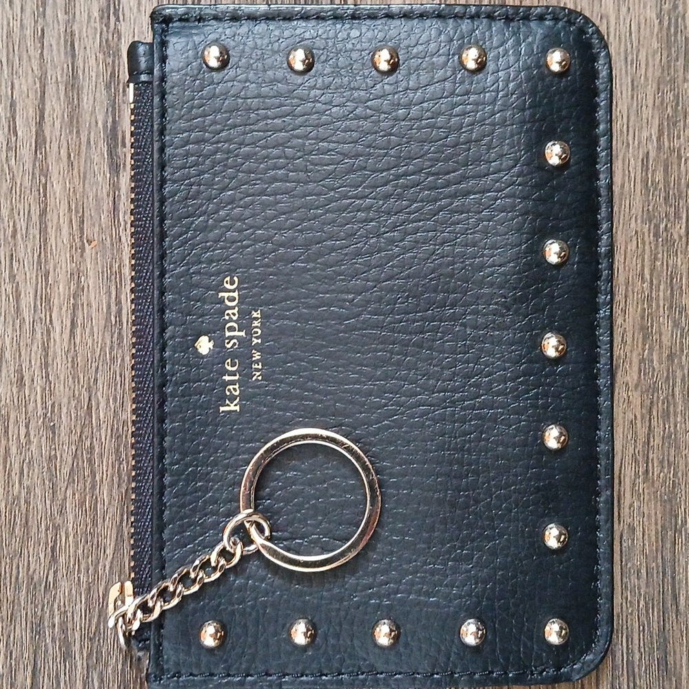 Kate Spade Studded Black Pebbled Leather Keychain Wallet.